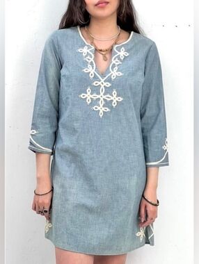 Lucky Brand Boho Chambray Embroidered Tunic Mini Dress Size Small 100% COTTON